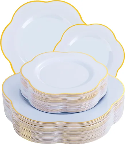 Miniatura 19 de Liacere 100 platos de plástico dorados, platos desechables de purpurina dorada para aperitivos, platos de ensalada/postre de plástico de alta