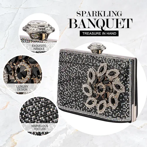 Miniatura 3 de Bolso de mano de cristal negro para mujer, bolso de noche con purpurina, bolso de lujo con borla de moda para boda, fiesta, baile de graduación