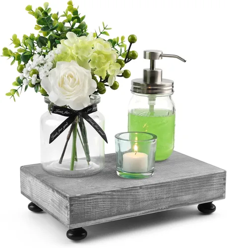 Beserte - Elevador de madera para encimera de cocina, soporte y bandeja de jabón de madera, decoración de baño, tamaño 10.9 x 7 pulgadas, gris