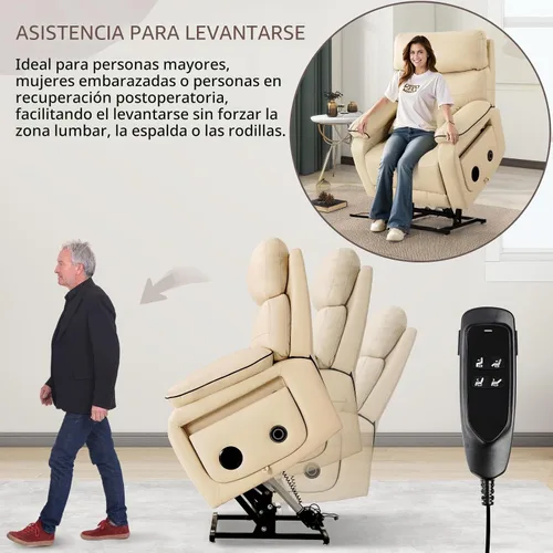 Miniatura 4 de Silla reclinable de doble motor para adultos y ancianos, silla elevadora plana de posición infinita con calor y masaje, soporte para tazas, almohada