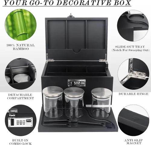 Miniatura 5 de lotmusic Caja de almacenamiento grande con bandeja extraíble deslizable, caja decorativa de bambú con 3 tarros de vidrio, cepillos de limpieza