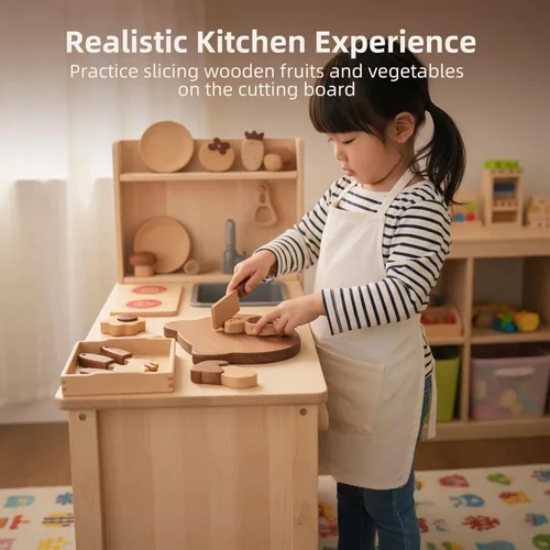 Miniatura 5 de Juguetes de madera para niños Juego de accesorios de cocina de juego de simulación Tabla de cortar de madera y juego de cuchillos de frutas