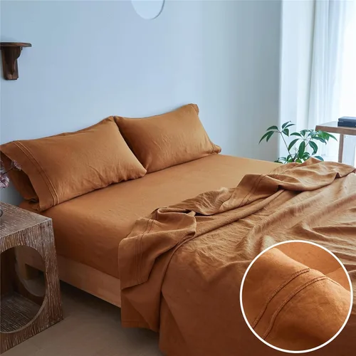 Simple&Opulence Juego de sábanas 100% de lino, 4 piezas de lino francés natural (1 sábana encimera, 1 sábana bajera, 2 fundas de almohada), ropa de