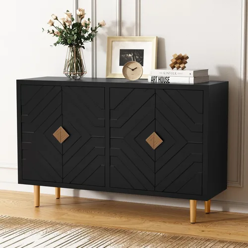 HLR Gabinete de Acento de 48 pulgadas con 4 Puertas y Estantes, Aparador Gabinete Buffet Moderno con Puertas de Patrón Decorativo en Relieve,