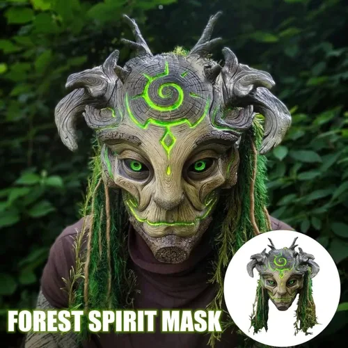 Miniatura 6 de CAFELE Máscara LED de elfo del espíritu del bosque con tocado, máscara de látex realista para mascarada, disfraces de Halloween, cosplay, accesorios