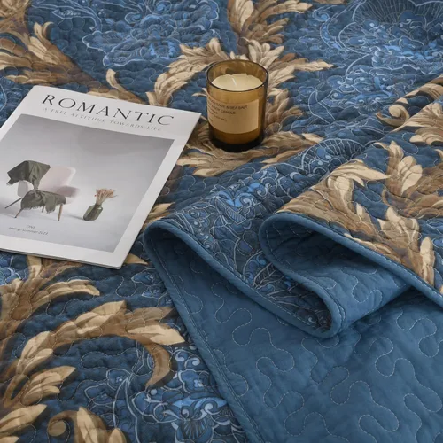 Miniatura 4 de Juego de edredón Queen 100% algodón – Colcha floral de damasco azul, juego de ropa de cama reversible de estilo europeo clásico de 3 piezas, ligero