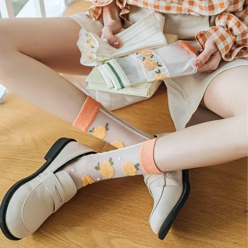 Miniatura 5 de Yomutiur Calcetines transparentes para mujer, de verano, de malla fina, elástica, jacquard de cristal