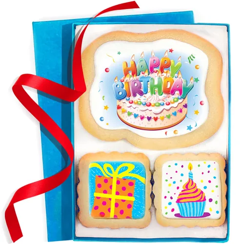 Cesta de regalo de galletas de feliz cumpleaños para hombres, mujeres, niños, niños, caja de regalo de galletas de azúcar decorada | sin nueces |