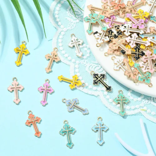 Miniatura 6 de KitBeads 100 dijes de cruz esmaltada al azar de aleación de Jesús cristiano de colores mezclados para hacer joyas, pulseras y collares