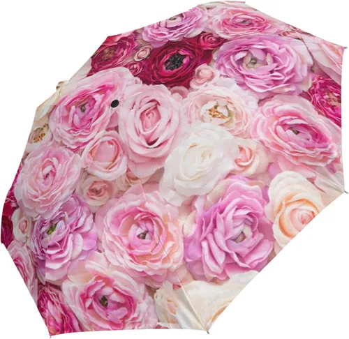 Miniatura 2 de Paraguas plegable auto abierto compacto sol lluvia paraguas rosa flores rosa para mujeres hombres niños viaje sombrilla sol protección UV viento