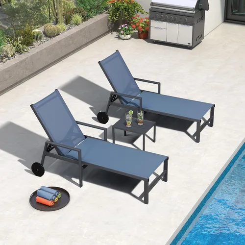 Miniatura 27 de PURPLE LEAF Juego de tumbonas para exteriores para 2 sillas de piscina de gran tamaño con ruedas fáciles de mover y respaldo ajustable, tumbonas