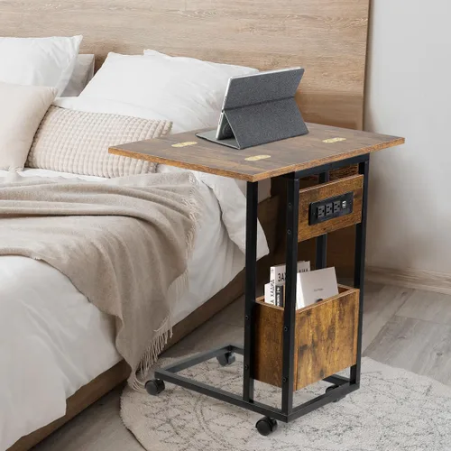 Miniatura 8 de Hadulcet Mesa auxiliar en forma de C con estación de carga y mesa plegable, mesa plegable para TV con almacenamiento, mesa para laptop para sofá
