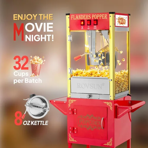 Miniatura 3 de Máquina de palomitas ROVSUN con carro, ruedas y hervidor de 8 oz, hace hasta 32 tazas, certificada ETL, máquina de palomitas con cuchara de acero