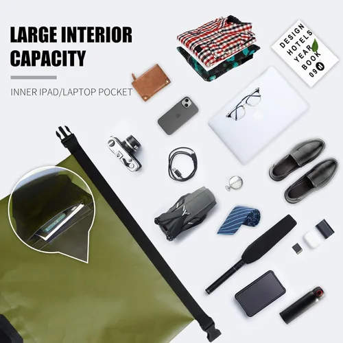 Miniatura 4 de Mochila impermeable IPX6, bolsa con cierre enrollable y accesorios de kayak, esenciales para camping, natación, playa, pesca, rafting, viajes, Verde
