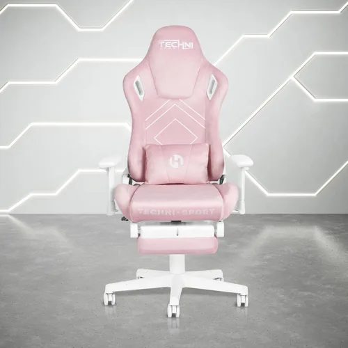 Miniatura 2 de Techni Sport Silla para juegos de terciopelo rosa con reposapiés