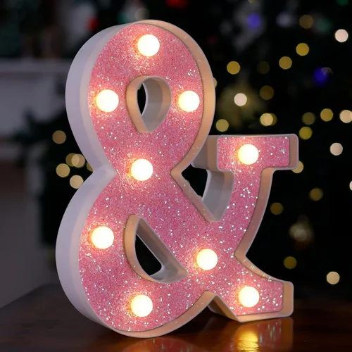 Luces de letras LED con purpurina rosa, letras de marquesina iluminadas, letras del alfabeto, letrero con luces alimentado por batería para