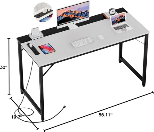 Miniatura 3 de iSunirm Escritorios para computadora de 55 pulgadas con tomas de corriente y puertos de carga USB, escritorio de oficina moderno para espacios
