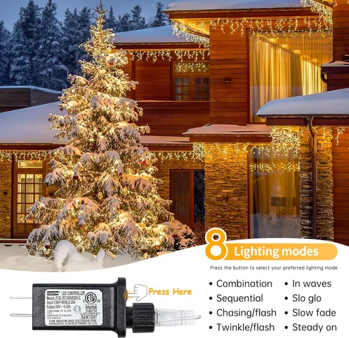 Miniatura 2 de Luces de carámbano de 33 pies con 300 luces LED para exteriores, impermeables, con 50 gotas, tira de luces blancas cálidas para bodas, fiestas