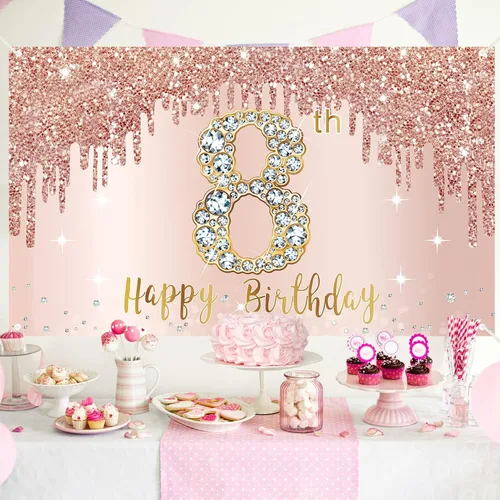 Miniatura 4 de Decoraciones de Fondo de Pancarta de Feliz 8vo Cumpleaños para Niñas, Suministros de Cartel de Fiesta de Cumpleaños 8 de Oro Rosa, Póster de Fondo