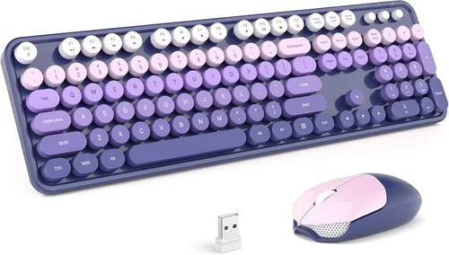 Miniatura 82 de KNOWSQT Combo de teclado y ratón inalámbrico, teclados lindos de tamaño completo estilo máquina de escribir 2.4G azul colorido - receptor USB Plug
