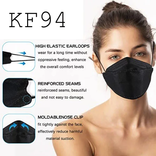 Miniatura 3 de 60 máscaras KF94, mascarillas negras desechables, eficiencia de filtro de protección de 4 capas > 95%, marco nasal de doble línea, correas