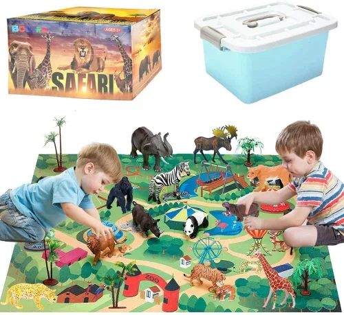 BOLZRA Figuras de animales de safari con tapete de juego de actividades y caja de almacenamiento, juego gigante de plástico realista con león,