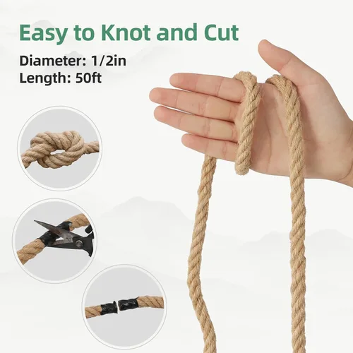 Miniatura 3 de Cuerda de yute de 1/2 pulgadas y 50 pies, material natural, cuerda de yute resistente trenzada para manualidades en interiores y exteriores