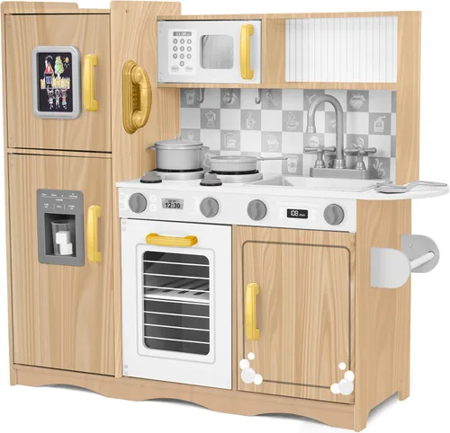 Miniatura 9 de Lil' Jumbl Juego de cocina para niños, cocina de juego de madera con tablero de tiza, teléfono de juego, toallero y dispensador de hielo, pomos