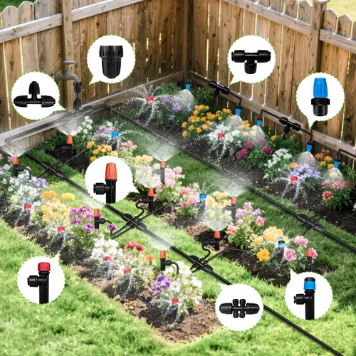 Miniatura 3 de Sistema de riego por goteo de 230 pies para jardín con 40 boquillas y emisores, sistema de riego de jardín con tubo de 1/2" y 1/4" y accesorios