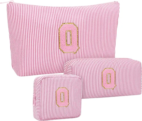 Miniatura 77 de Juego de bolsas de maquillaje con iniciales para niñas y mujeres, bolsa de cosméticos con monograma con soporte para cepillos, estuche de maquillaje