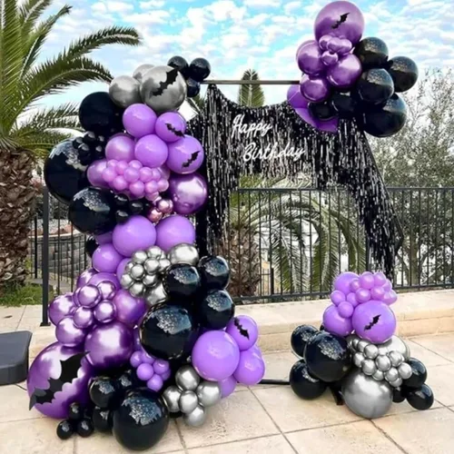 Miniatura 4 de Globos morados y negros, metálicos, 12 pulgadas, globos de látex de confeti morado para Halloween, cumpleaños, bodas, graduaciones, decoraciones