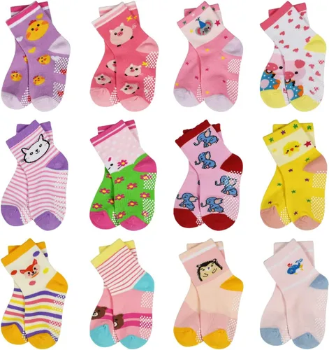 Miniatura 12 de HYCLES Calcetines Antideslizantes para Niños Pequeños, 12 Pares de Calcetines de Algodón con Agarre Antideslizante para Niños y Niñas de 1-7 años