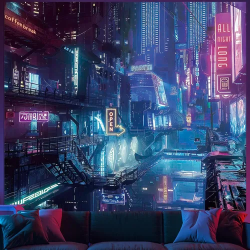 Tapiz de Pared de Ciudad Anime Punk para Dormitorio, Tapices Japoneses Futuristas de Calle Nocturna de Neón Ciberpunk Estéticos, Fondo de