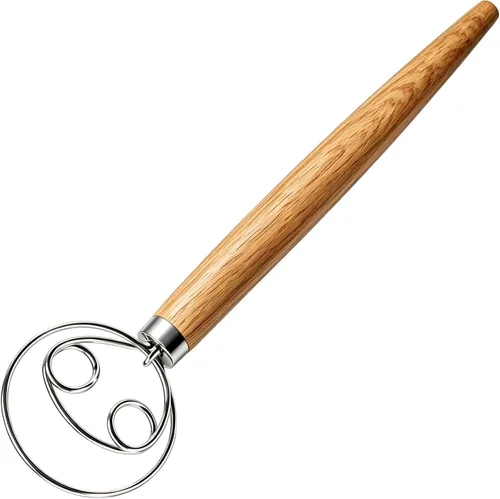 Maxjoy Batidor de masa danesa para hornear pan de masa madre, gancho de acero inoxidable con mango de madera Batidor de masa de 2 ojos