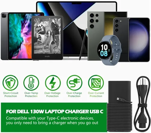 Miniatura 7 de Cargador de laptop USB C de 130W compatible con computadora Dell XPS 15 17 9575 9500 9510 9520 9530 9700 9710 9720 9730, Precision 5470 5480 5550