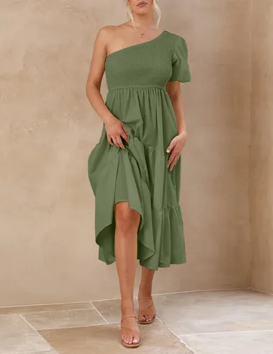 Miniatura 6 de Chriselda Vestido casual de manga corta con un hombro fruncido para mujer, cintura alta, con volantes, vestido midi para fiesta