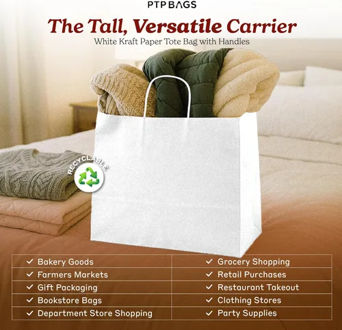 Miniatura 2 de PTP - 250 bolsas de mano para regalo, de papel, Kraft Perfectas para cumpleaños, bodas, vacaciones y toda ocasión Colores blanco o natural