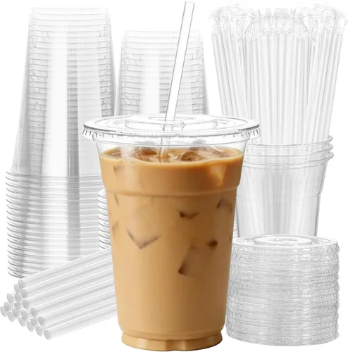 Miniatura 10 de 100 juegos de vasos de plástico transparente de 16 onzas con tapas y pajitas, BPA libre y a prueba de fugas, vasos desechables de plástico para café