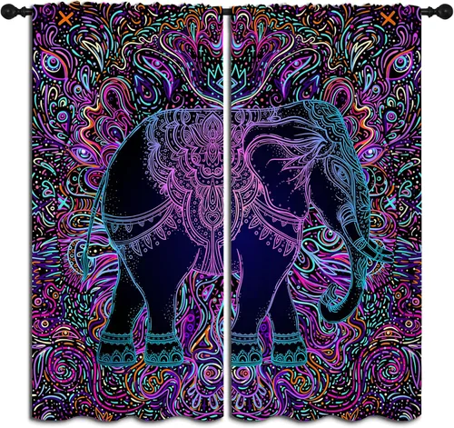 Hermosas cortinas opacas con bolsillo para barra de mandala y elefante para dormitorio de niños y niñas, estilo tribal bohemio, hippie y bohemio,