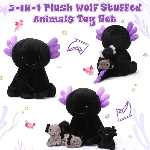 Miniatura 7 de Lenwen 5 piezas de juguetes de peluche de ajolotl, 1 mamá negra con 4 bebés lindos, animales de peluche ajolote peluches en la barriga, regalos
