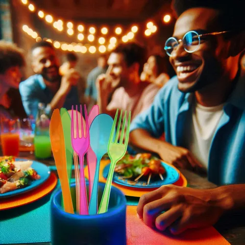Miniatura 3 de Party Essentials Paquete combinado de cubiertos de plástico duro de alta resistencia, 96 piezas/32 lugares, varios brillantes neón