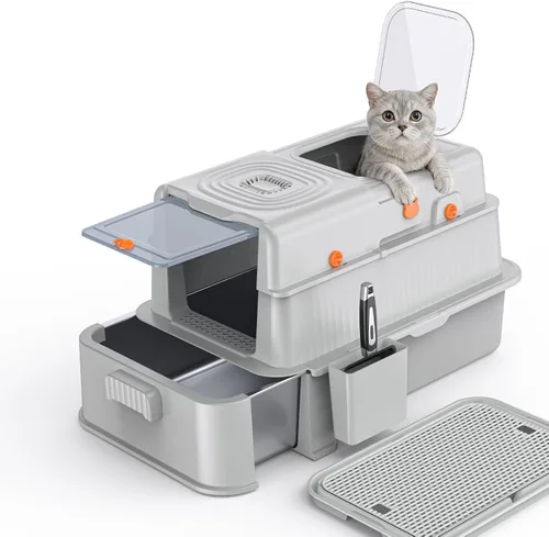 Miniatura 9 de Soulbond Caja de arena de acero inoxidable para gatos con tapa, caja de arena de metal grande cerrada con cajón y puerta abatible para gatos