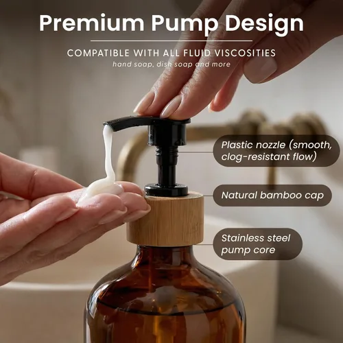 Miniatura 5 de MaisoNovo Dispensador de jabón de manos de vidrio Dispensador de jabón para platos para cocina Botellas ámbar de 16.9 onzas con bomba de bambú