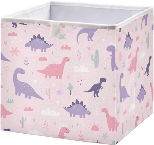 Kigai Contenedores de almacenamiento de dinosaurios de dibujos animados rosados, 11 x 11 x 11 pulgadas, cubos plegables grandes, cesta de