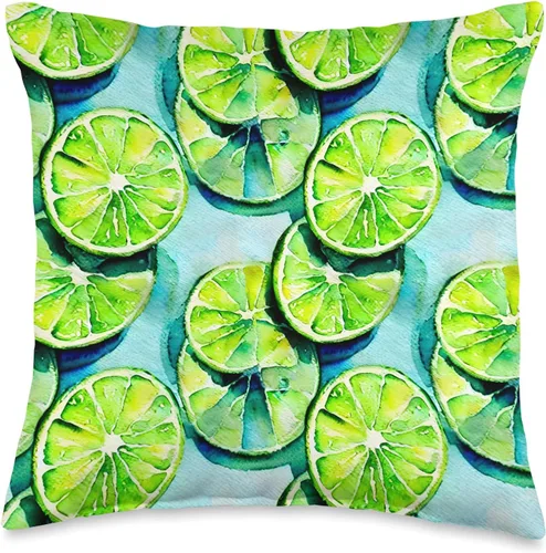 Citrus City Cojín de acuarela con rodajas de lima cítrica sobre fondo azul claro, 16 x 16 pulgadas, multicolor