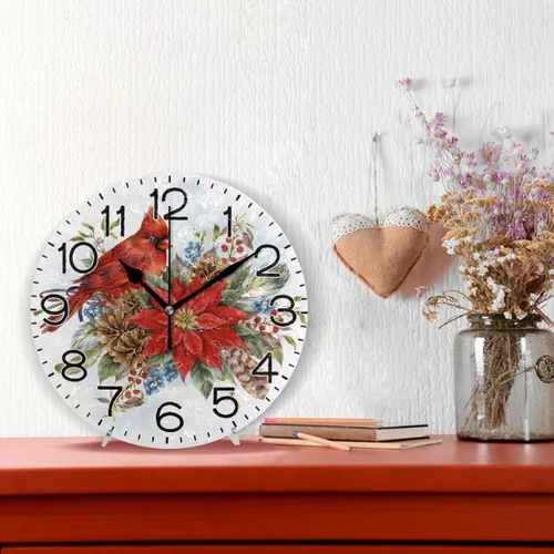 Miniatura 2 de Reloj de pared con diseño de flor de pascua de Navidad y pájaro de invierno, funciona con pilas, sin tictac, silencioso, de cuarzo, analógico, Flor