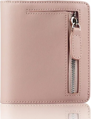 Miniatura 15 de Funtor Cartera de cuero para mujer, pequeña y compacta, con bolsillo doble, bloqueo RFID, para mujer