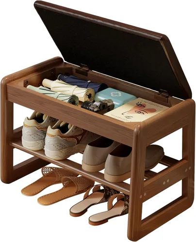 AQIMUELE Banco pequeño para zapatos, banco de zapatos de 2 niveles con almacenamiento con tapa abatible, zapatero de madera para entrada, pasillo