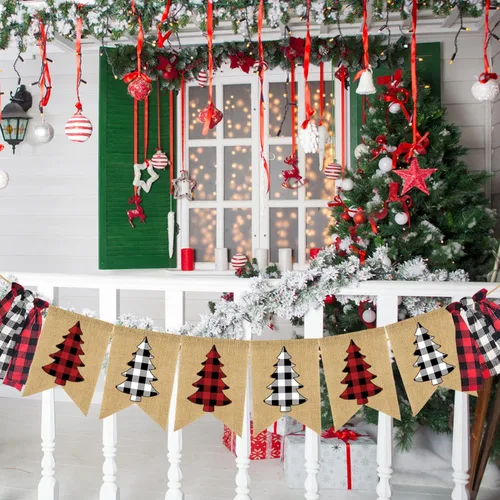 Miniatura 6 de Doumeny Pancarta de arpillera a cuadros de Navidad con diseño de búfalo para árbol de Navidad, guirnalda vintage de feliz Navidad, guirnalda