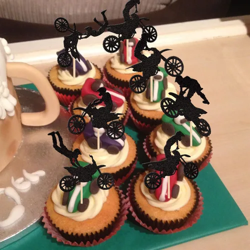 Miniatura 7 de 24 piezas de adornos para magdalenas de motocicleta, con purpurina negra, motocross, fiesta de motocross, para deportes, tema de motocross